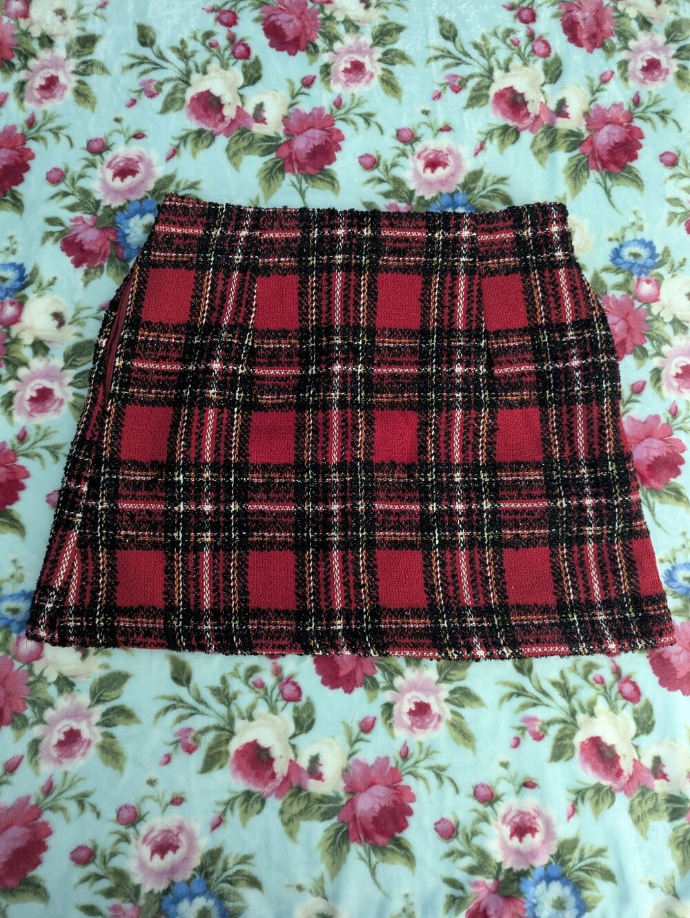 SHEIN Women’s XL Red Plaid Tweed Mini Skirt - Pockets & Side Zipper - Lined